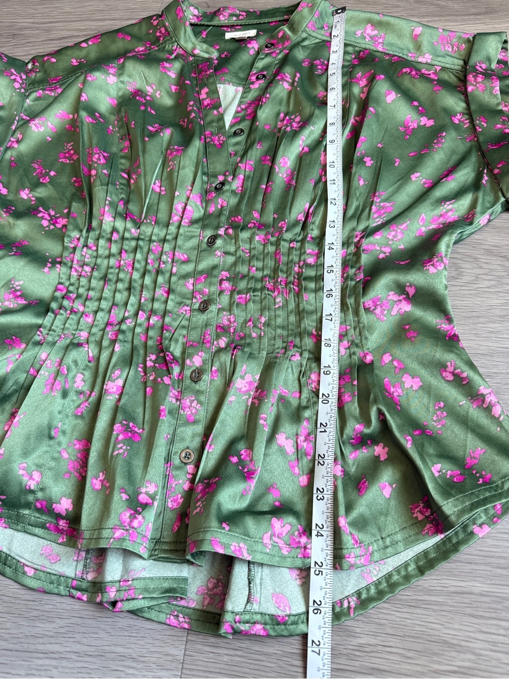 Pilcro Anthropologie Linden Silken Pleated Waisted Blouse Green Floral L - Picture 9 of 9